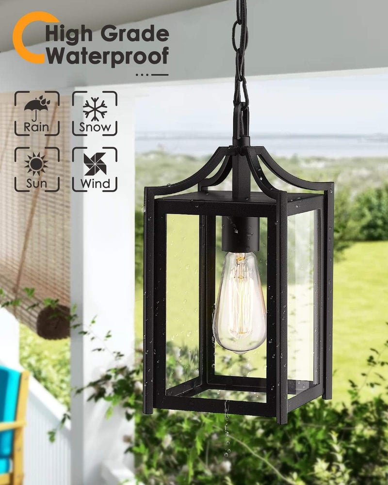 Osimir Outdoor Pendant Light, 14" Large Modern Hanging Porch Light with Adjustable Chain, Black Exterior Outdoor Hanging Lantern with Clear Glass for Porch Foyer Gazebo, 2439/1H - Image 3